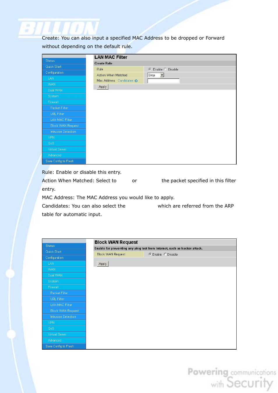 4 block wan request | Billion Electric Company BiGuard 30 User Manual | Page 110 / 209