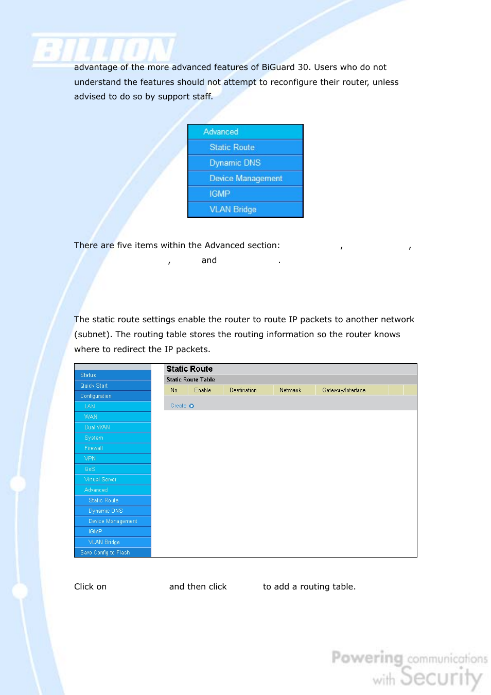 1 static route | Billion Electric Company BiGuard 30 User Manual | Page 132 / 209