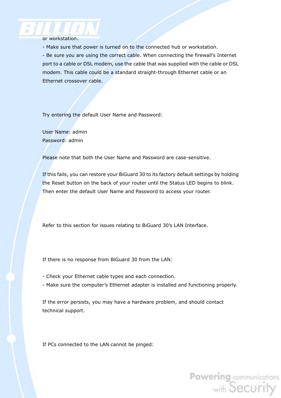 4 forgot my password, 2 lan interface, 1 can’t access biguard 30 from the lan | 2 can’t ping any pc on the lan | Billion Electric Company BiGuard 30 User Manual | Page 140 / 209