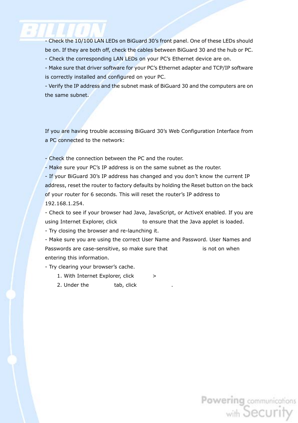 3 can’t access web configuration interface | Billion Electric Company BiGuard 30 User Manual | Page 141 / 209
