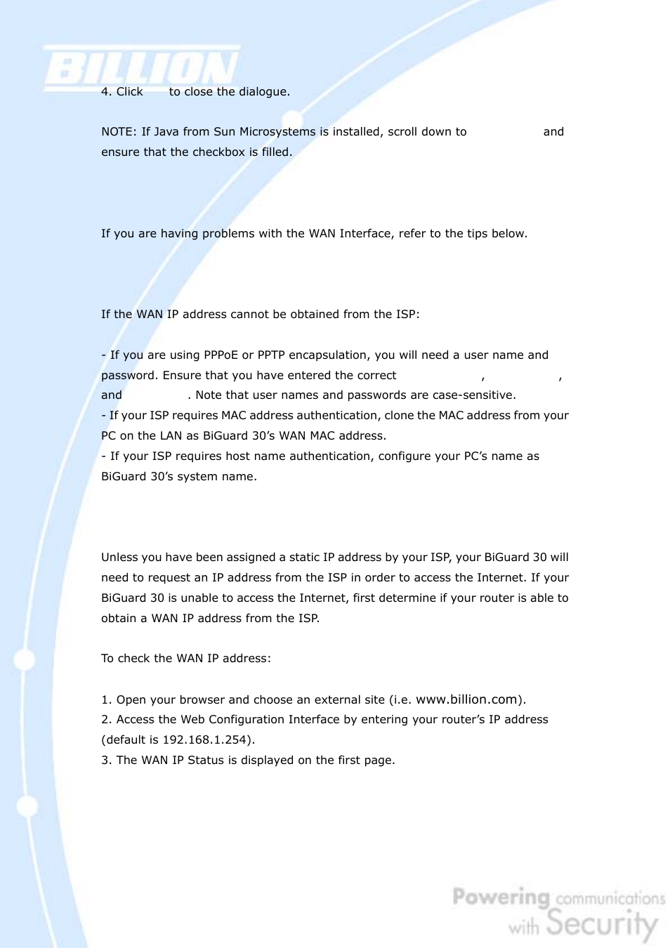 3 wan interface, 1 can’t get wan ip address from the isp, 4 isp connection | Billion Electric Company BiGuard 30 User Manual | Page 145 / 209