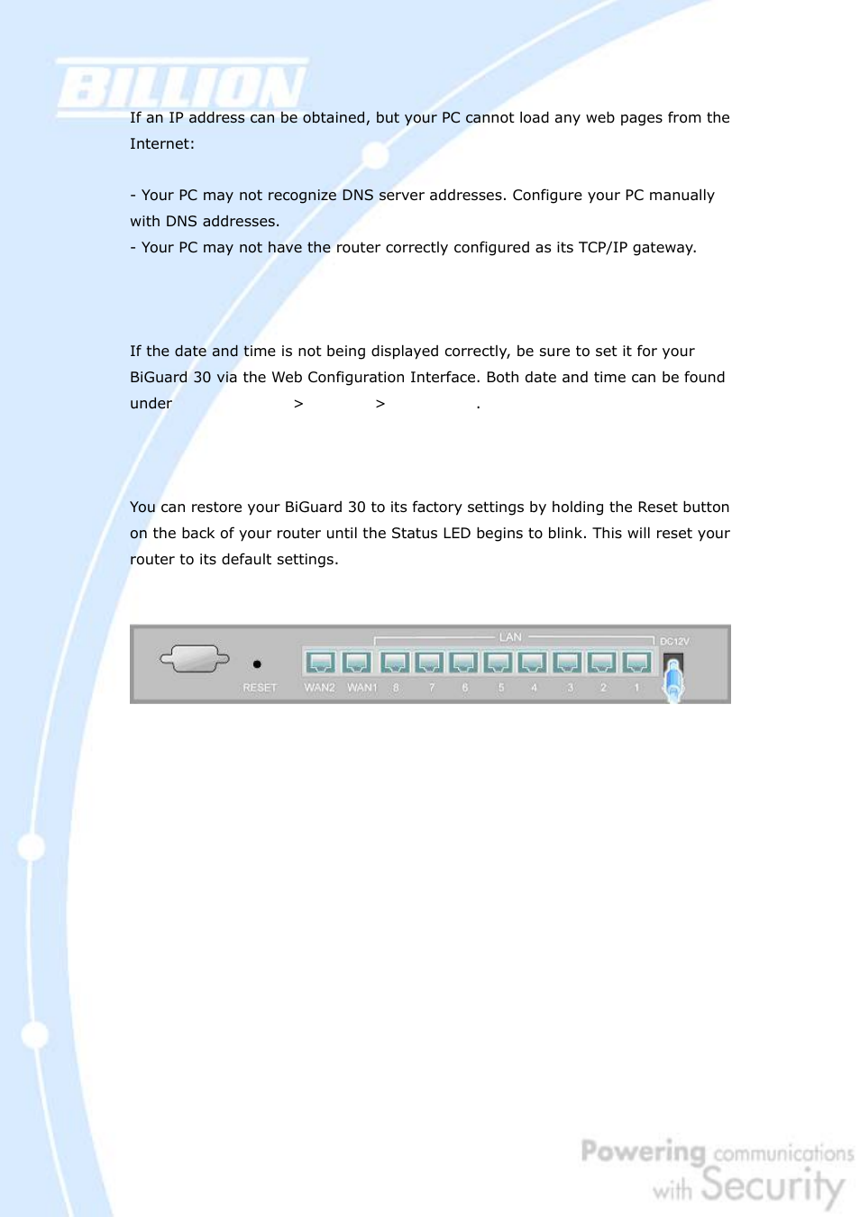 5 problems with date and time, 6 restoring factory defaults | Billion Electric Company BiGuard 30 User Manual | Page 147 / 209