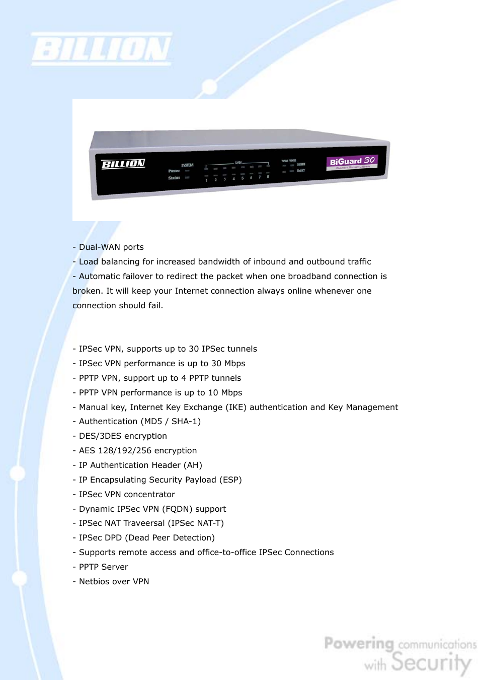 Appendix a: product specifications, Availability and resilience, Virtual private network | Billion Electric Company BiGuard 30 User Manual | Page 148 / 209
