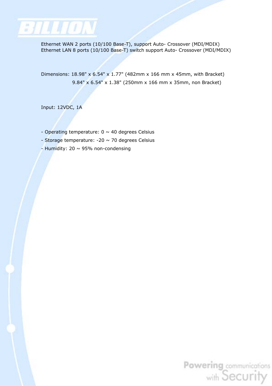 Power requirement, Operating environment | Billion Electric Company BiGuard 30 User Manual | Page 150 / 209