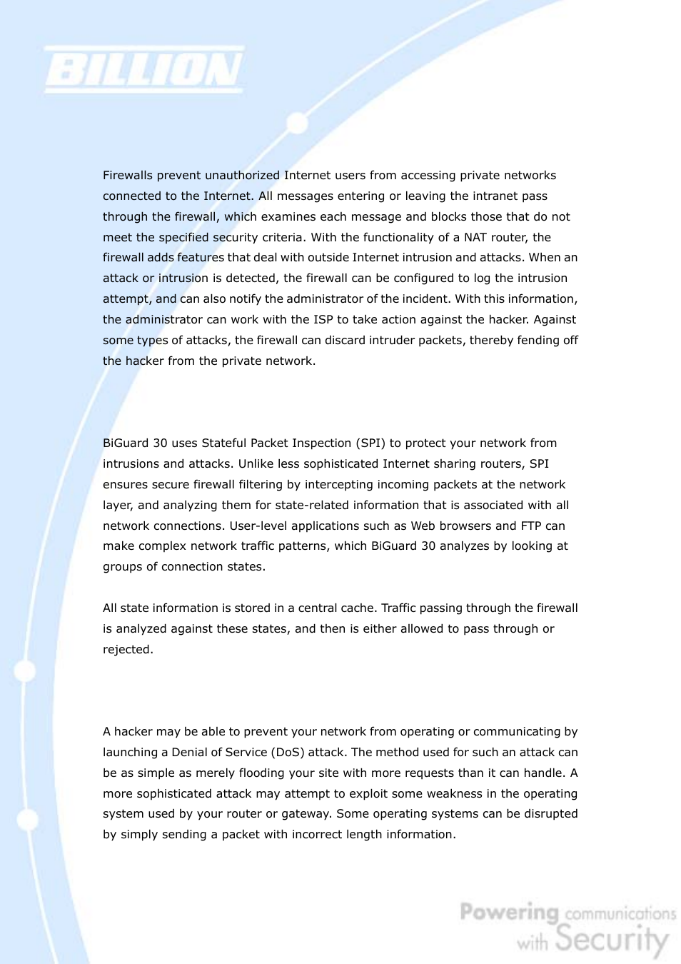D.3 firewall basics, D.3.1 what is a firewall, D.3.1.1 stateful packet inspection | D.3.1.2 denial of service (dos) attack, D.3.2 why use a firewall | Billion Electric Company BiGuard 30 User Manual | Page 157 / 209