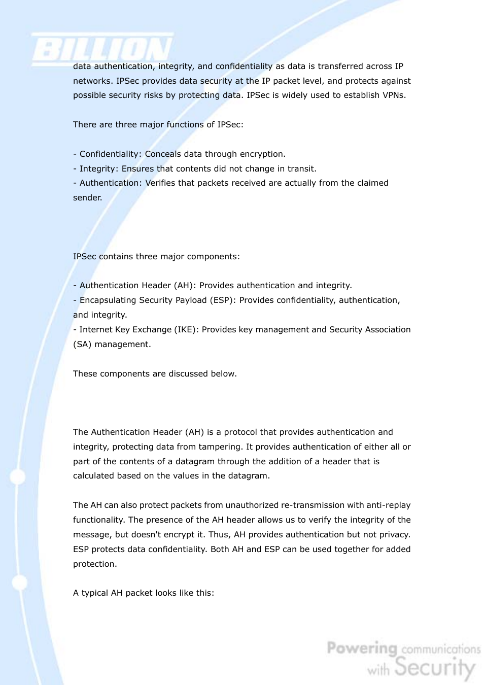 E.2.1 ipsec security components, E.2.1.1 authentication header (ah) | Billion Electric Company BiGuard 30 User Manual | Page 160 / 209