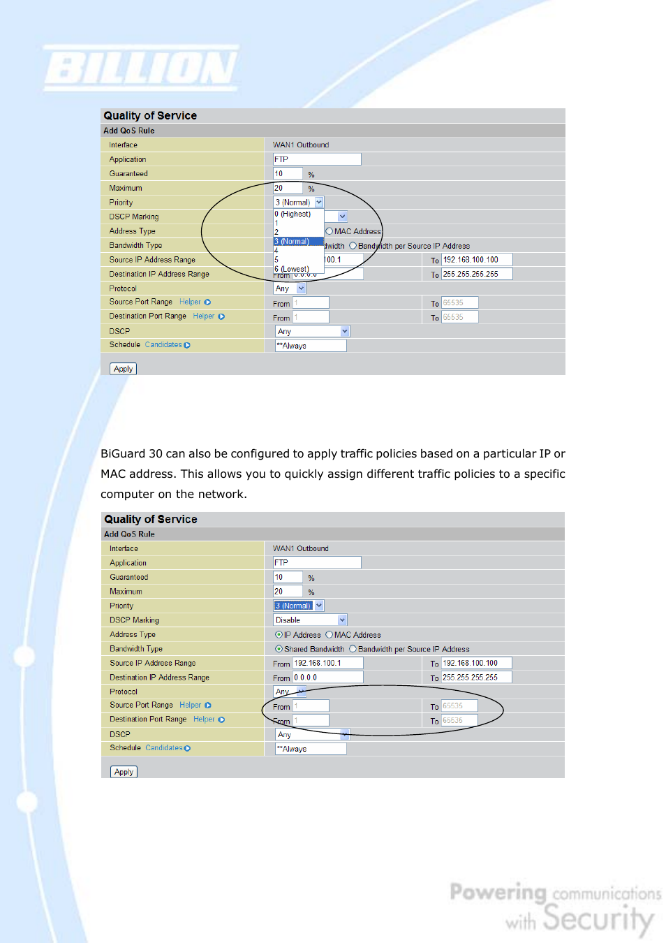 6 management by ip or mac address, 7 diffserv (dscp marking) | Billion Electric Company BiGuard 30 User Manual | Page 20 / 209