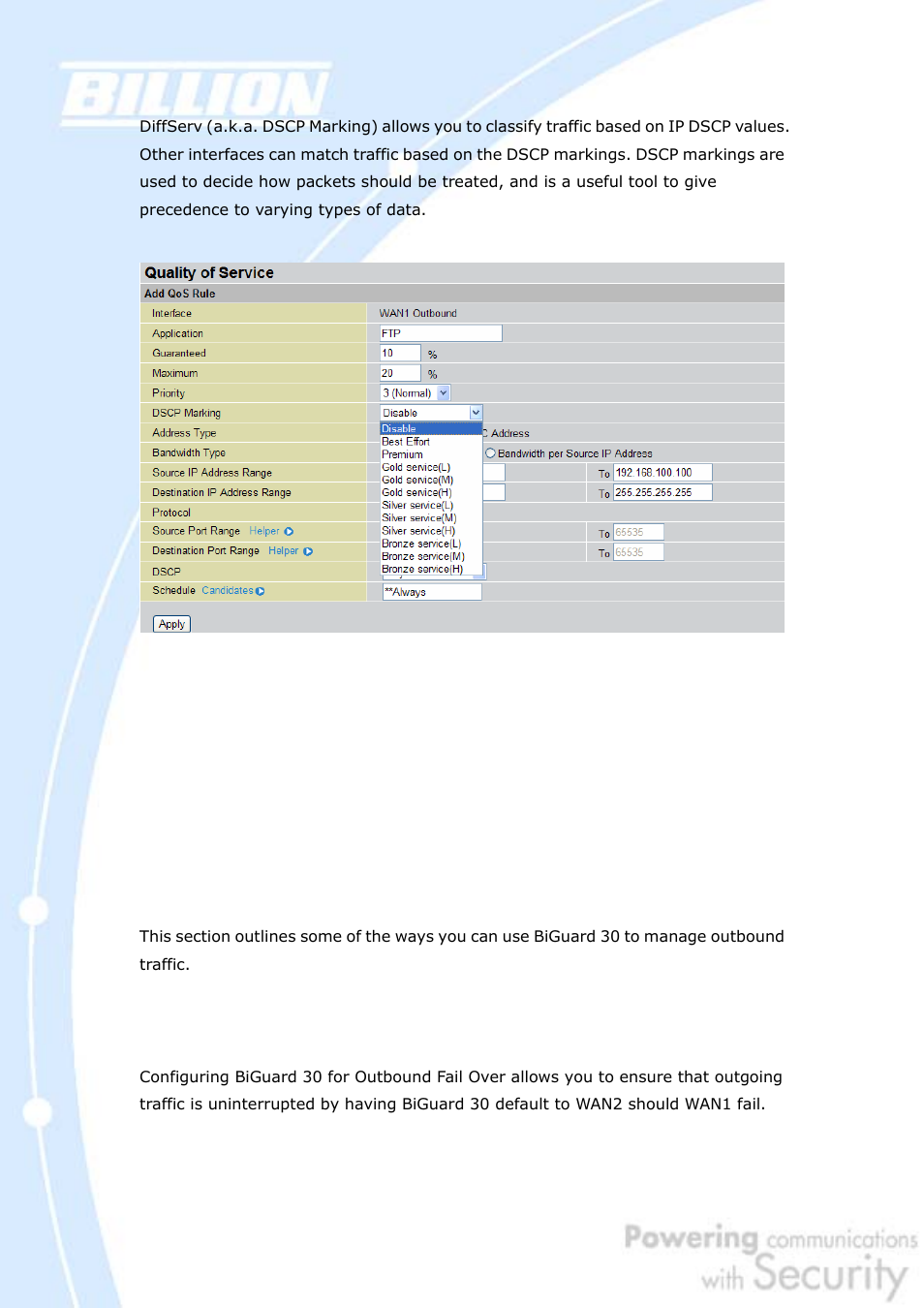 8 dscp (matching), 3 outbound traffic, 1 outbound fail over | Billion Electric Company BiGuard 30 User Manual | Page 21 / 209