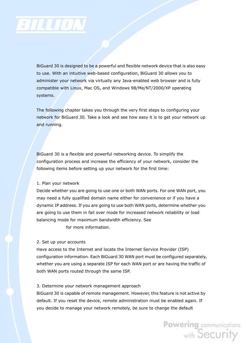 Chapter 3: getting started, 1 overview, 2 before you begin | Billion Electric Company BiGuard 30 User Manual | Page 33 / 209