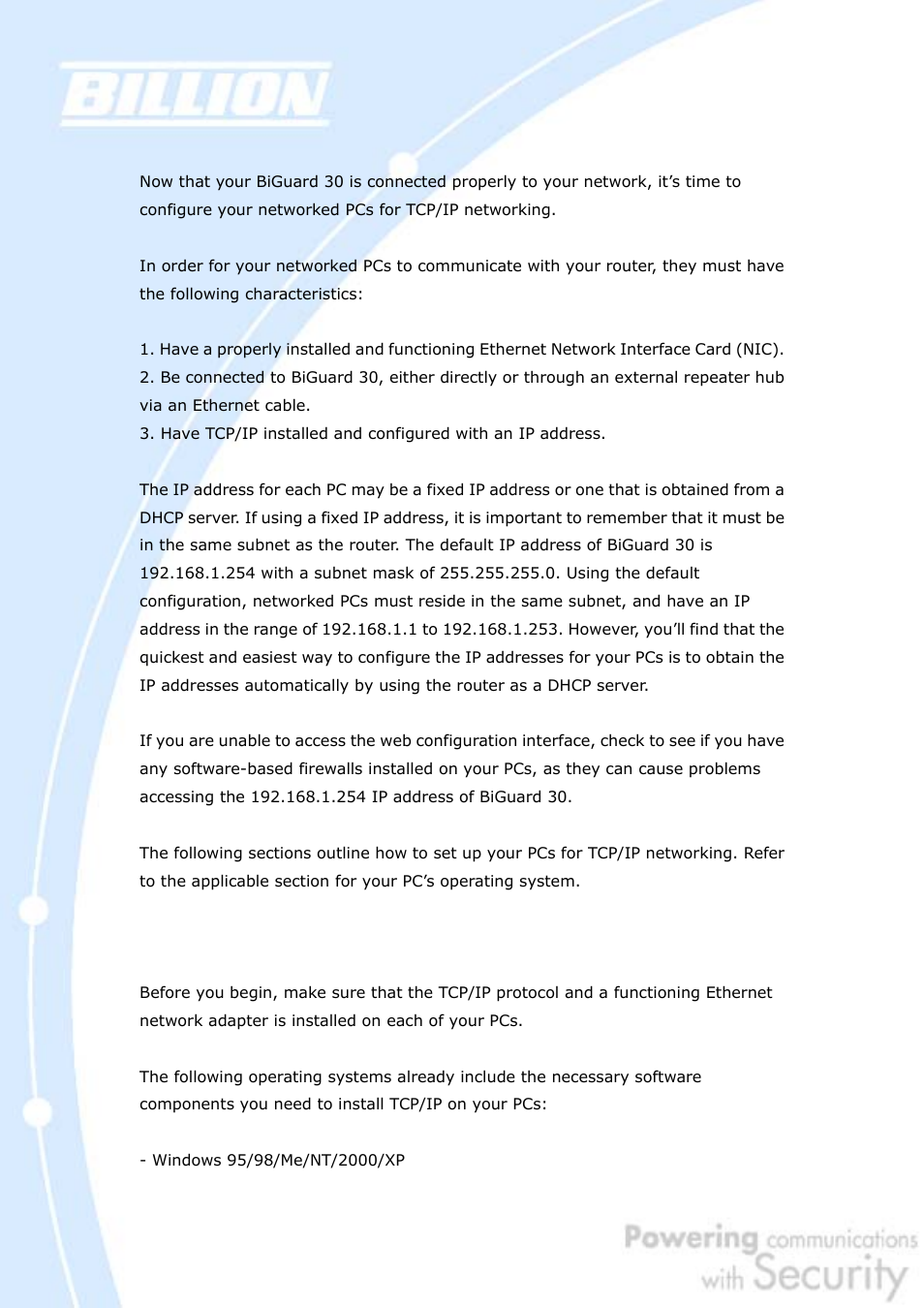 4 configuring pcs for tcp/ip networking, 1 overview | Billion Electric Company BiGuard 30 User Manual | Page 35 / 209