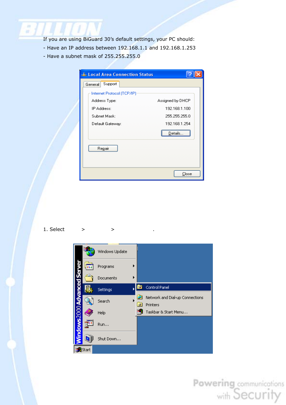 3 windows 2000, 1 configuring | Billion Electric Company BiGuard 30 User Manual | Page 42 / 209