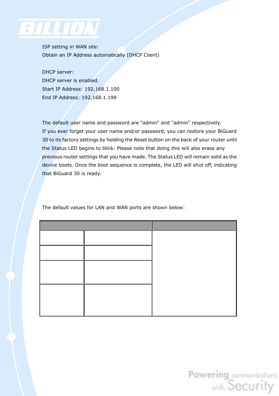 1 user name and password, 2 lan and wan port addresses, 6 information from your isp | 1 protocols | Billion Electric Company BiGuard 30 User Manual | Page 59 / 209