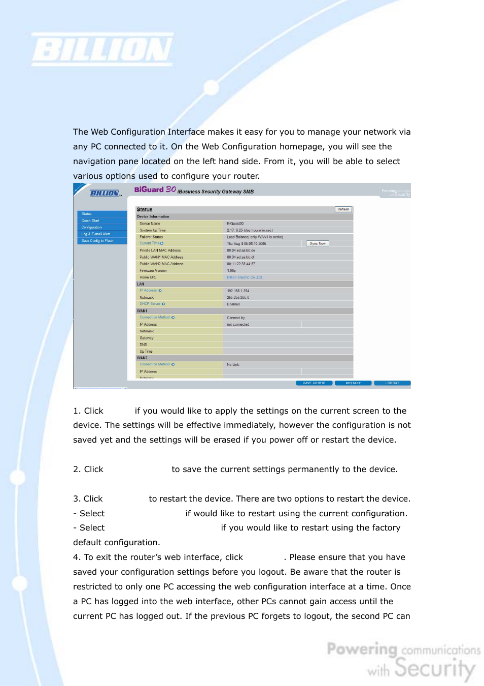 Chapter 4: router configuration, 1 overview | Billion Electric Company BiGuard 30 User Manual | Page 66 / 209
