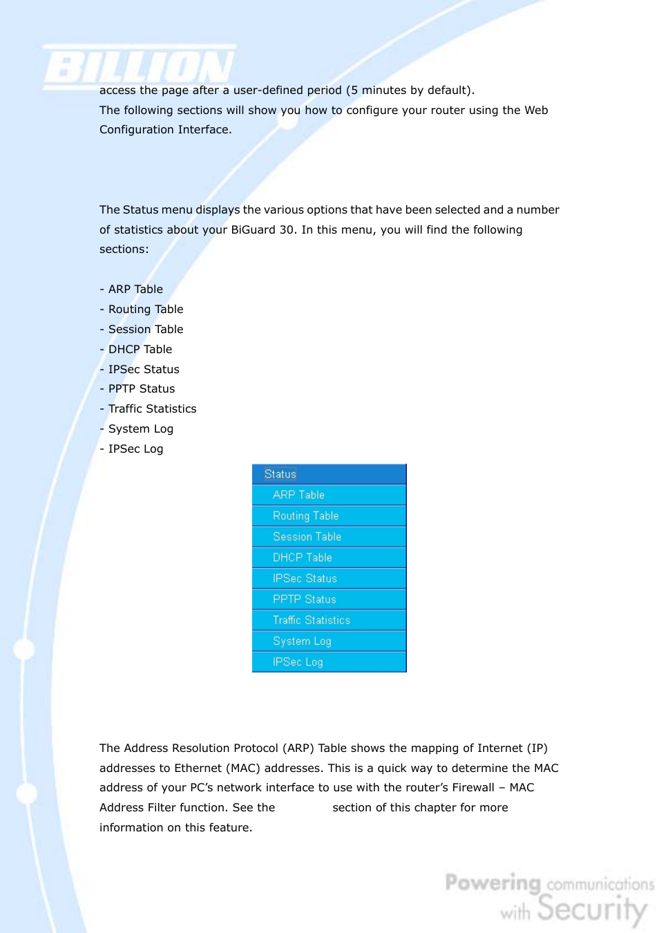2 status, 1 arp table | Billion Electric Company BiGuard 30 User Manual | Page 67 / 209