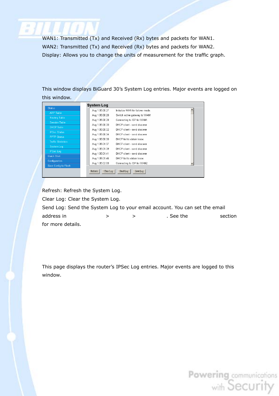 8 system log, 9 ipsec log | Billion Electric Company BiGuard 30 User Manual | Page 72 / 209