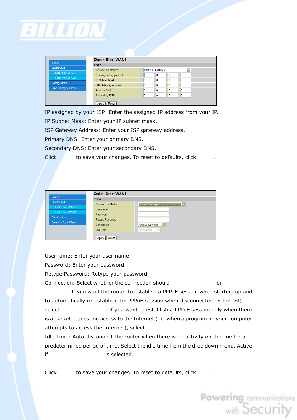2 static ip, 3 pppoe | Billion Electric Company BiGuard 30 User Manual | Page 74 / 209