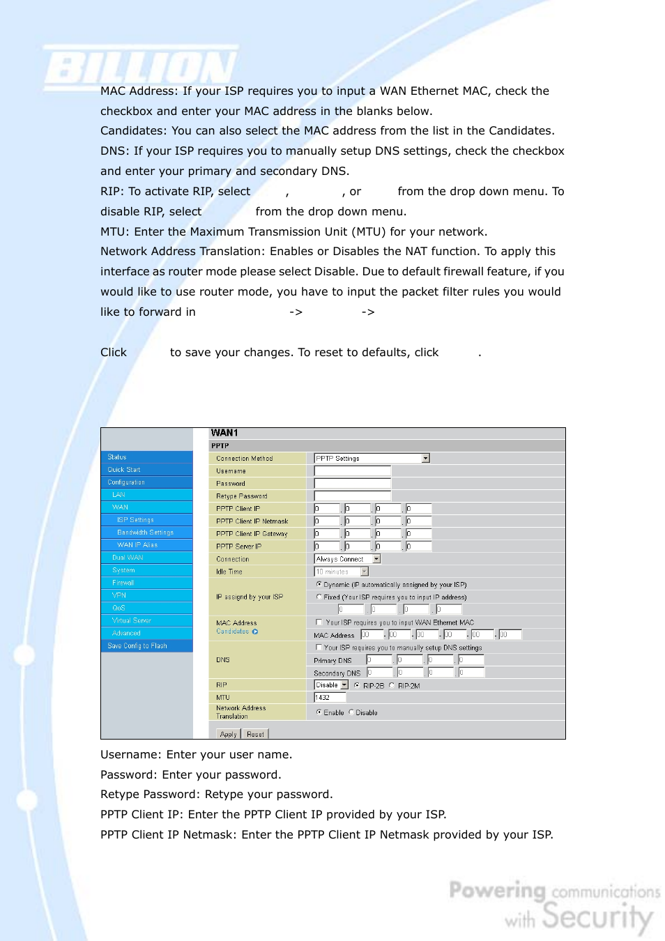 4 pptp settings | Billion Electric Company BiGuard 30 User Manual | Page 85 / 209