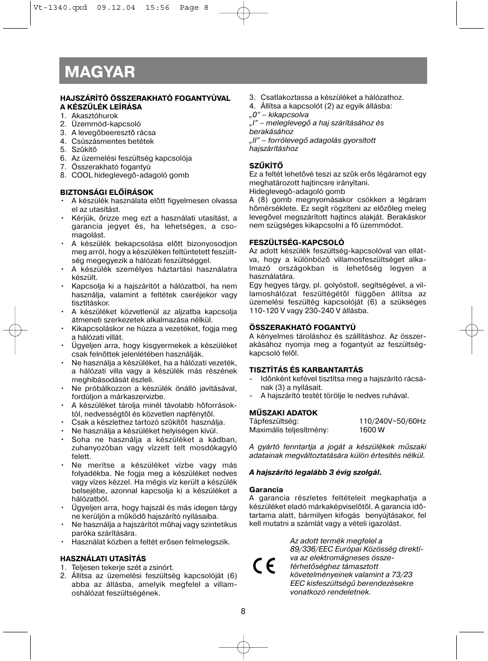 Magyar | Vitek VT-1340 User Manual | Page 10 / 16