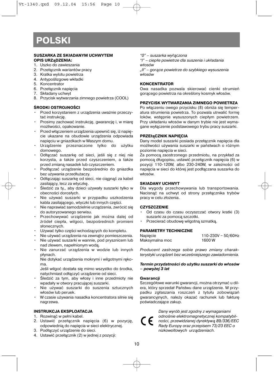 Polski | Vitek VT-1340 User Manual | Page 12 / 16