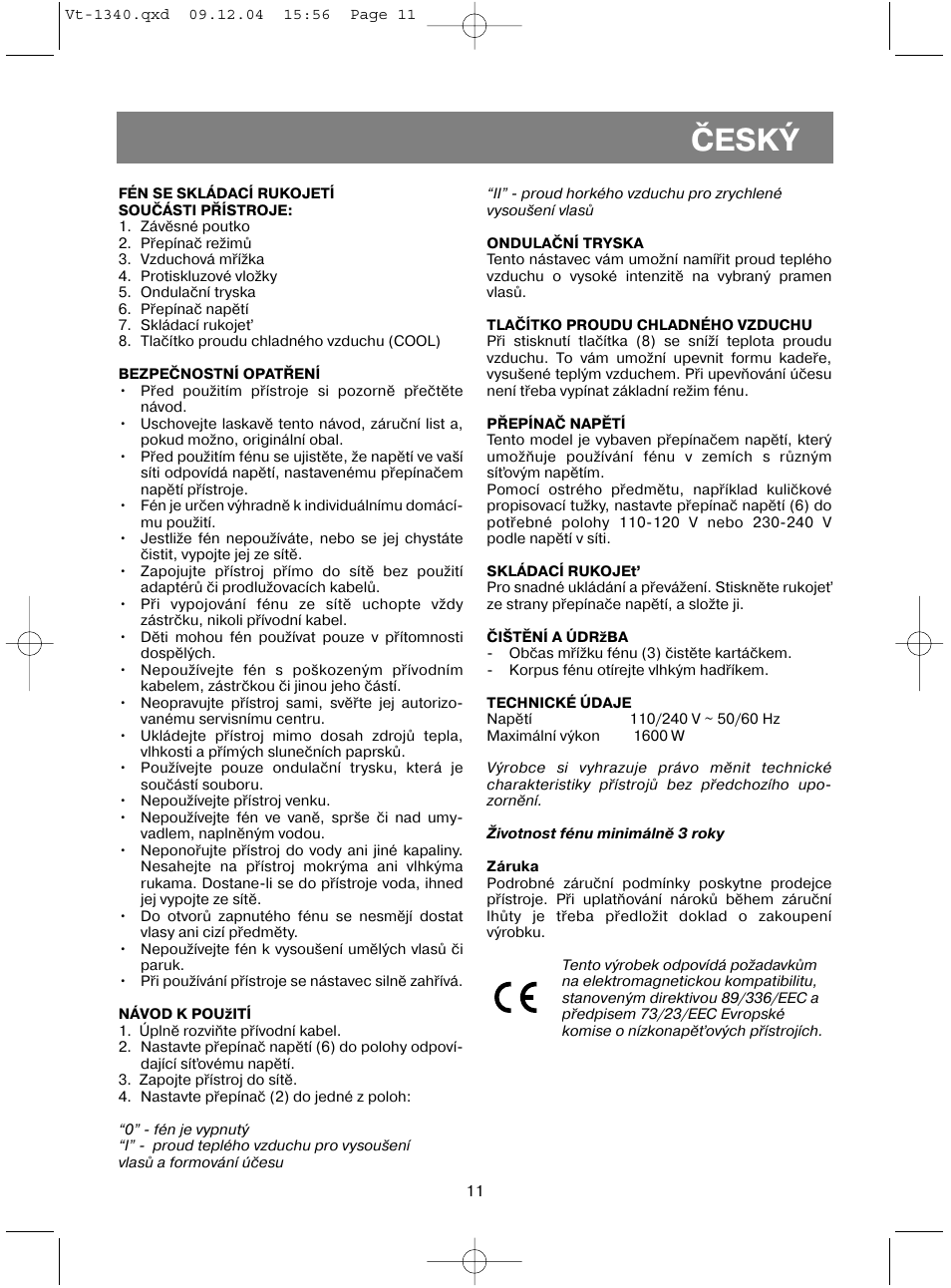 Èeský | Vitek VT-1340 User Manual | Page 13 / 16