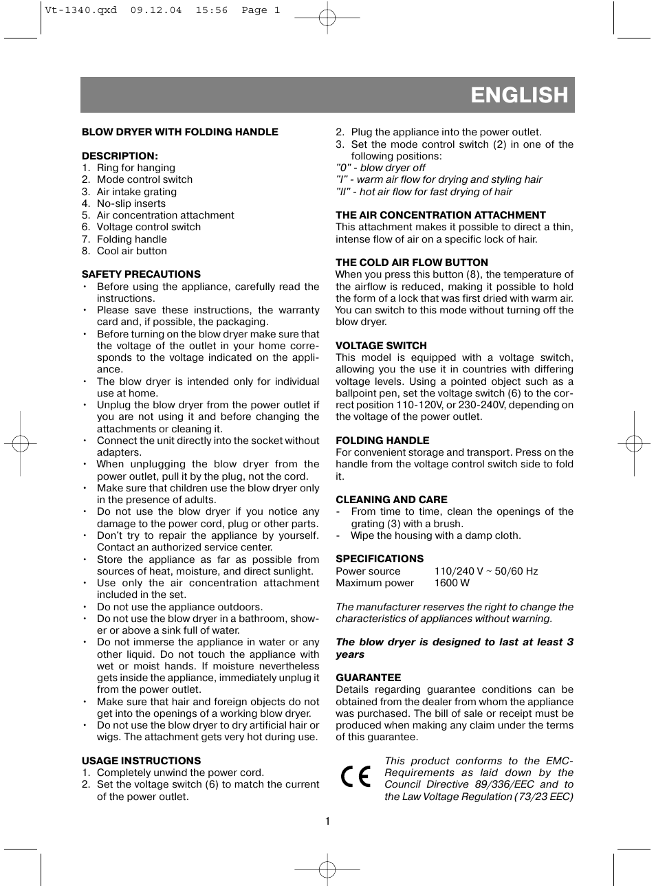 English | Vitek VT-1340 User Manual | Page 3 / 16