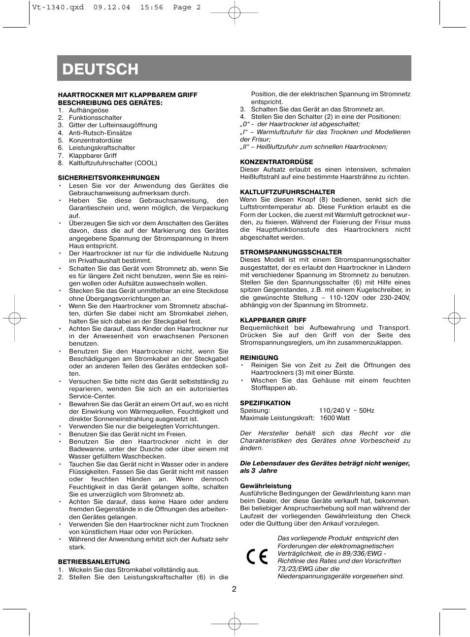 Deutsch | Vitek VT-1340 User Manual | Page 4 / 16