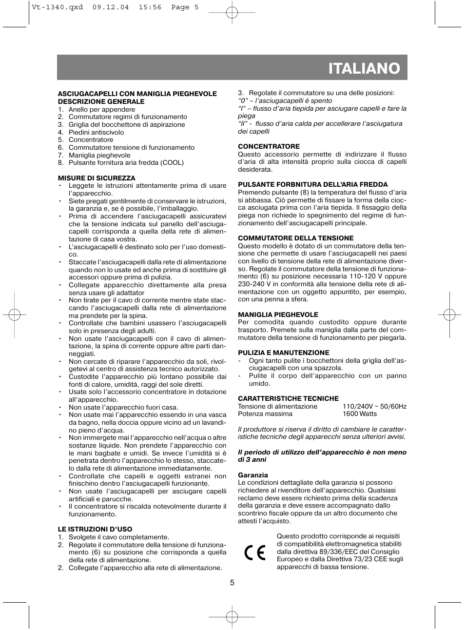 Italiano | Vitek VT-1340 User Manual | Page 7 / 16