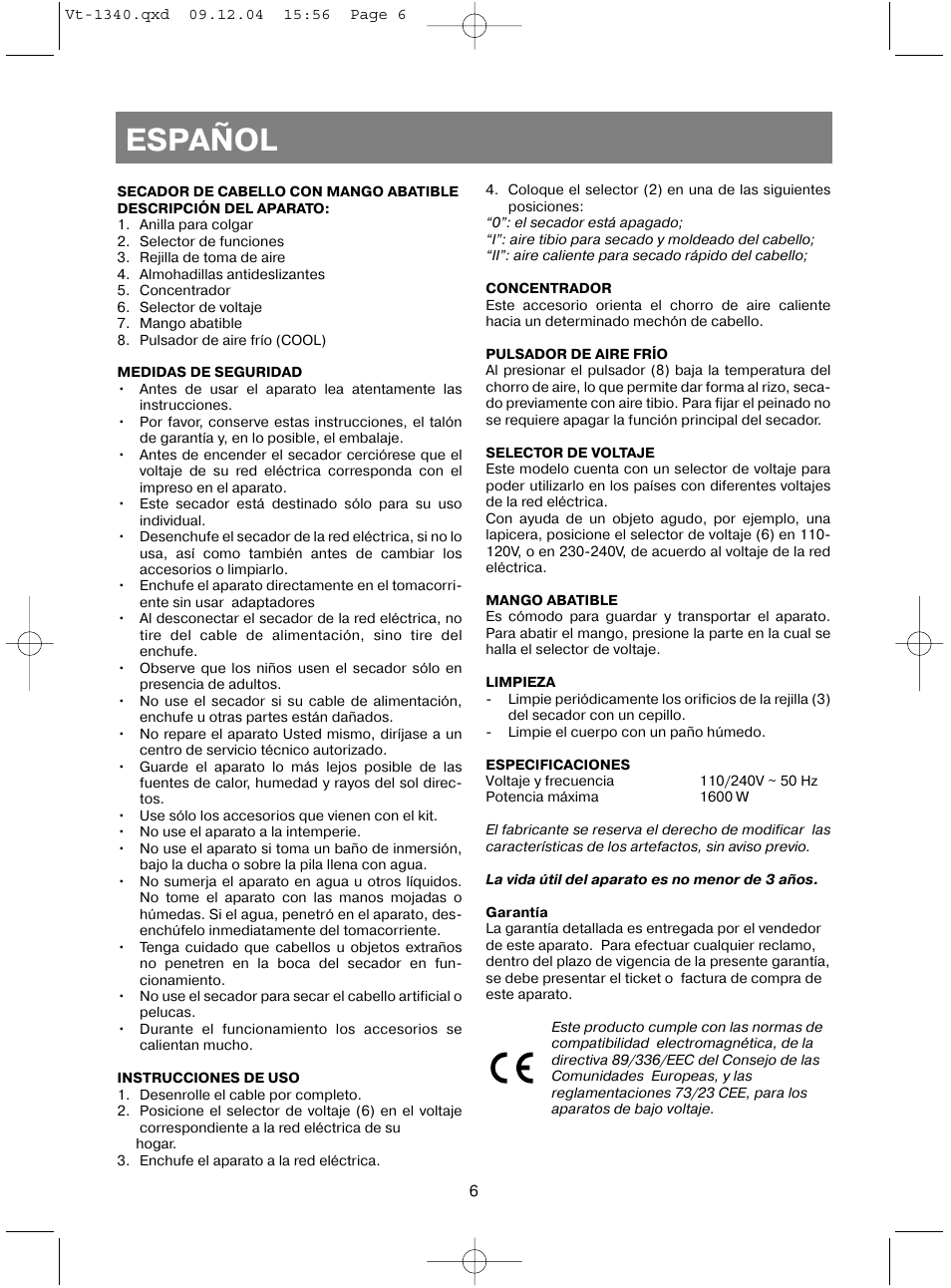 Español | Vitek VT-1340 User Manual | Page 8 / 16