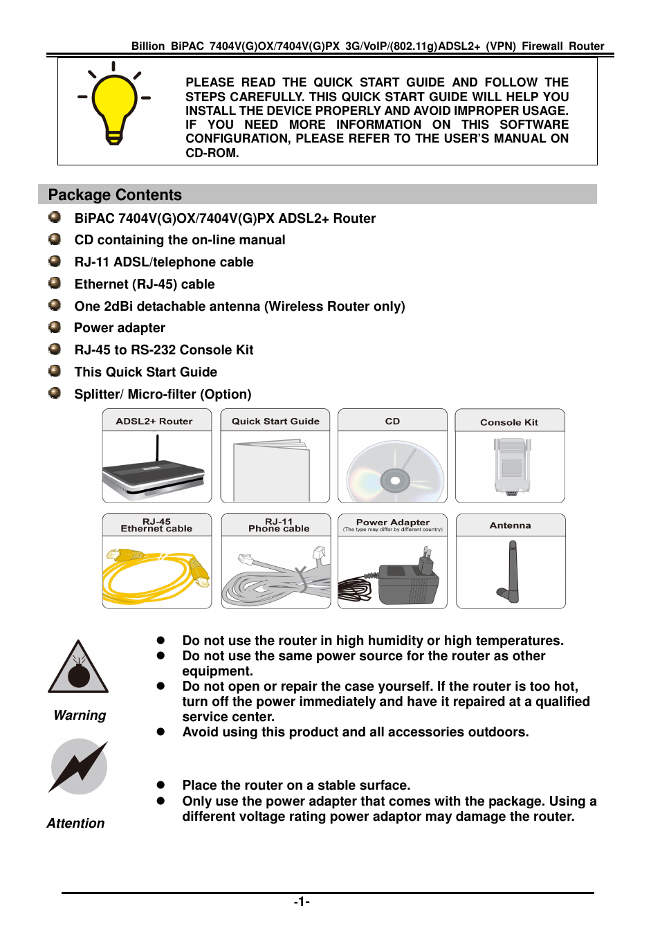 Package contents | Billion Electric Company BiPAC 7404V(G)PX User Manual | Page 3 / 8