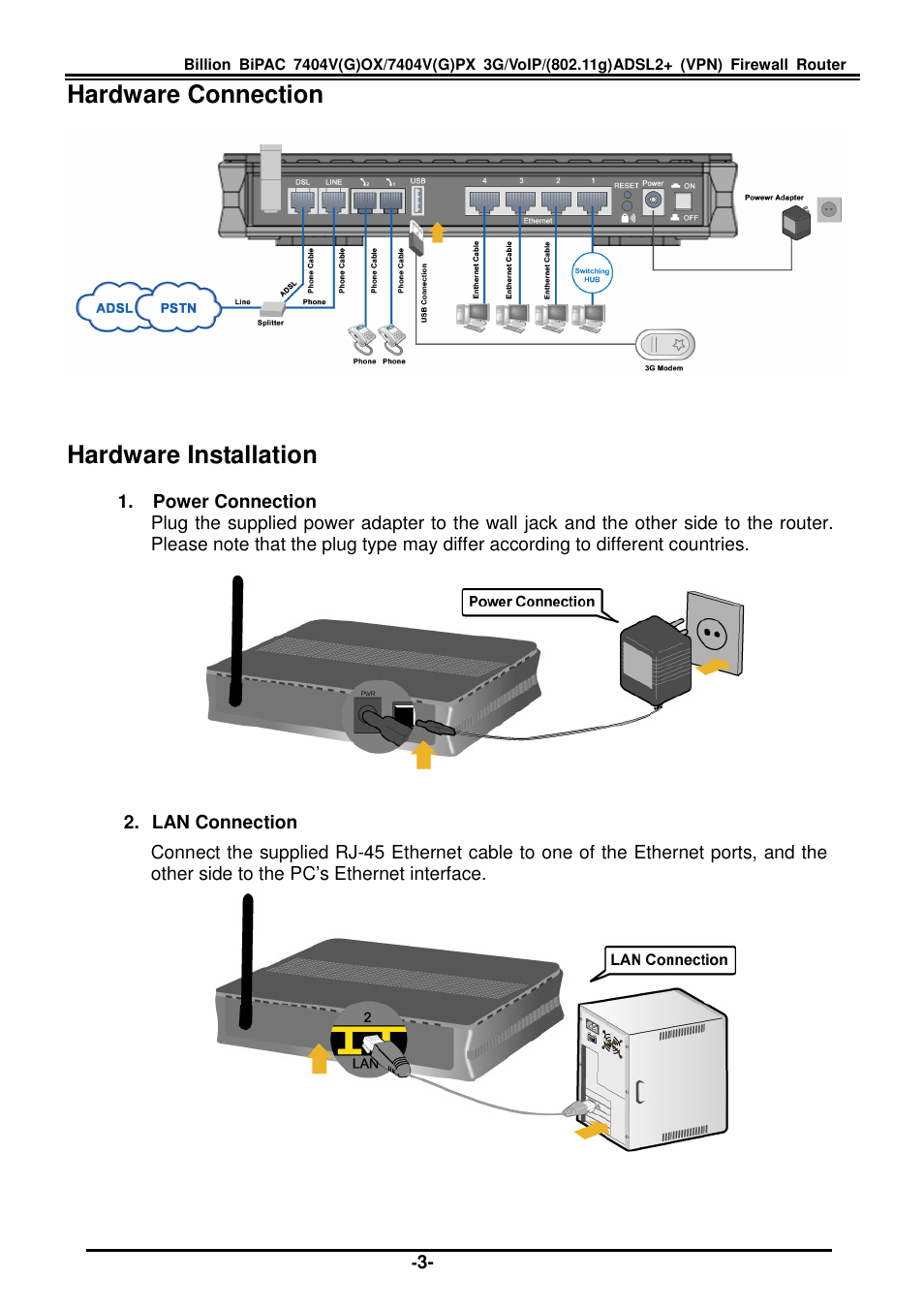 Hardware connection, Hardware installation | Billion Electric Company BiPAC 7404V(G)PX User Manual | Page 5 / 8