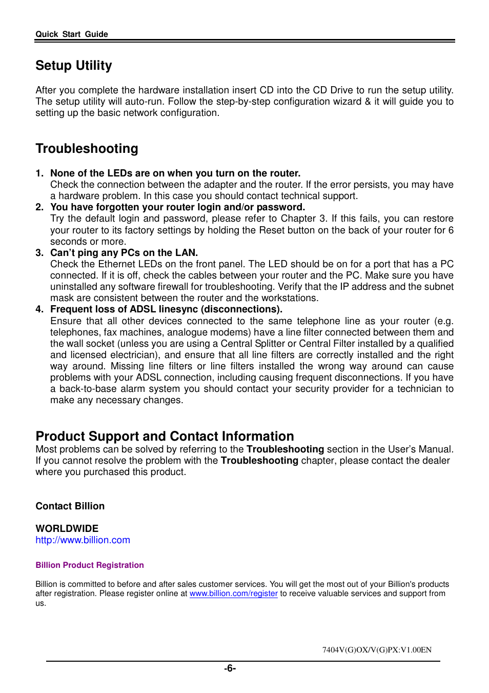 Setup utility, Troubleshooting, Product support and contact information | Billion Electric Company BiPAC 7404V(G)PX User Manual | Page 8 / 8