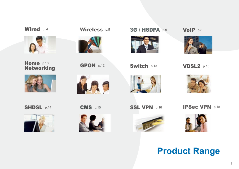 Product range, Wired, Wireless | Voip, Home, Networking, Shdsl, Ssl vpn, Switch, 3g / hsdpa | Billion Electric Company Dual-WAN 3G/ADSL2+ router series' BiPAC 5210SRC User Manual | Page 3 / 20