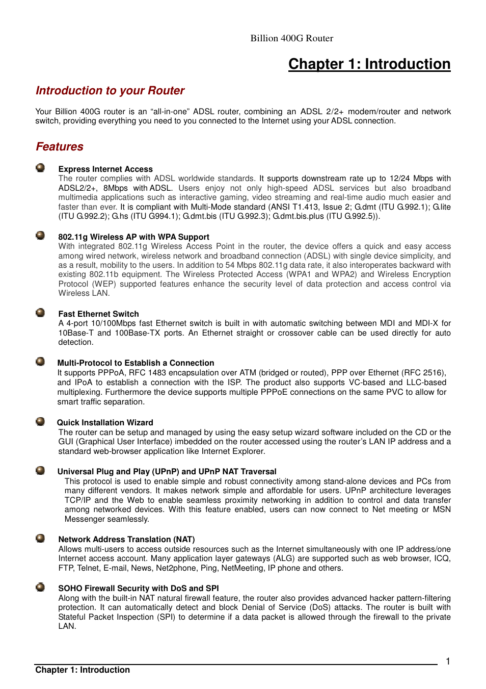 Chapter 1: introduction, Introduction to your router, Features | Billion Electric Company 400G User Manual | Page 4 / 88