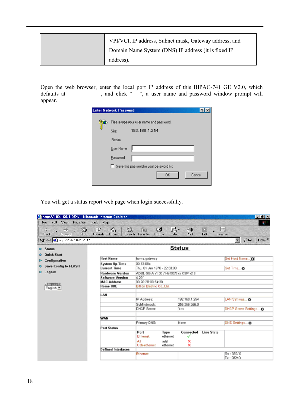 6 configuring with the web browser | Billion Electric Company BIPAC-741 GE V2.0 User Manual | Page 22 / 48