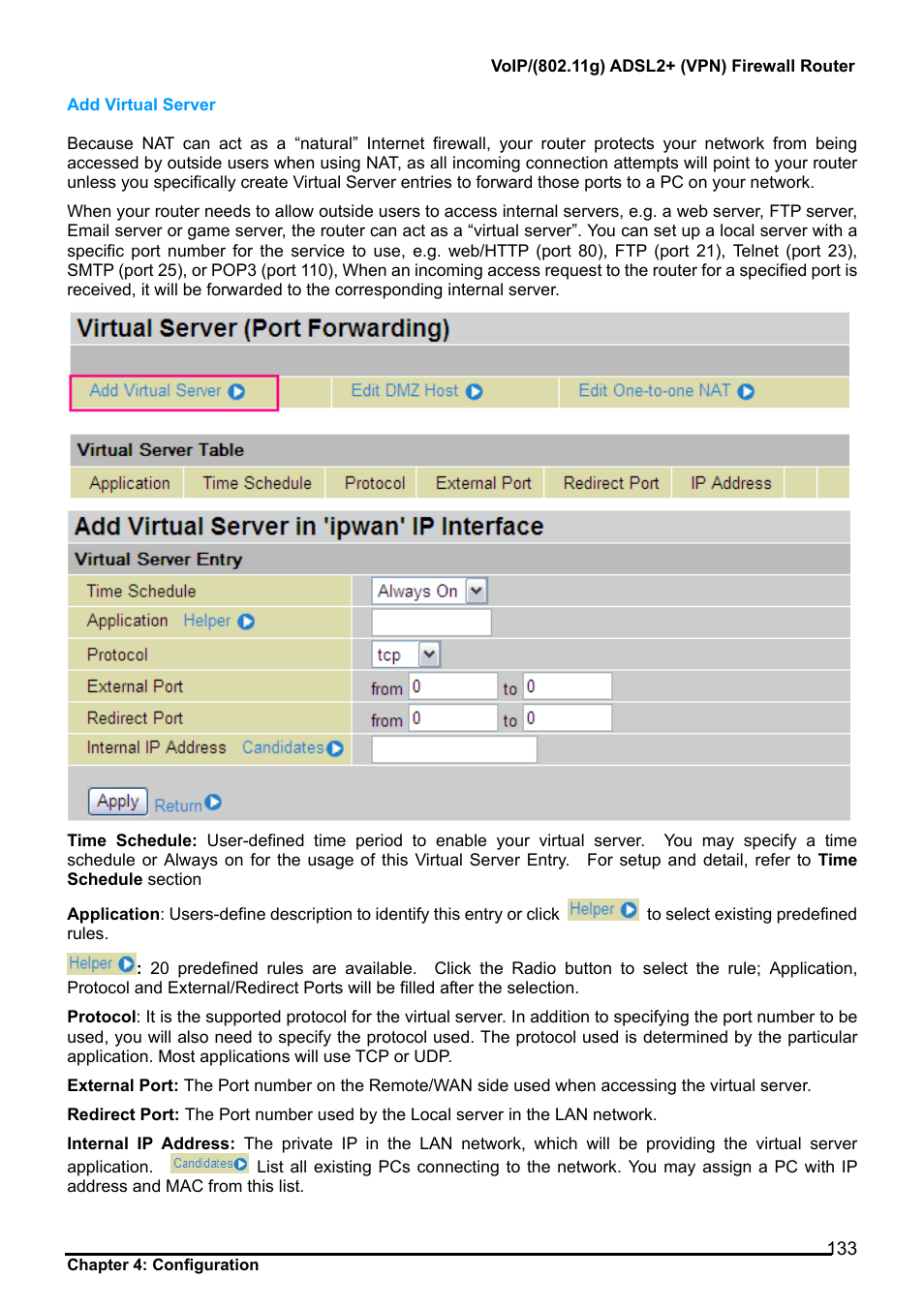 Add virtual server | Billion Electric Company BiPAC 7404V Series User Manual | Page 134 / 155