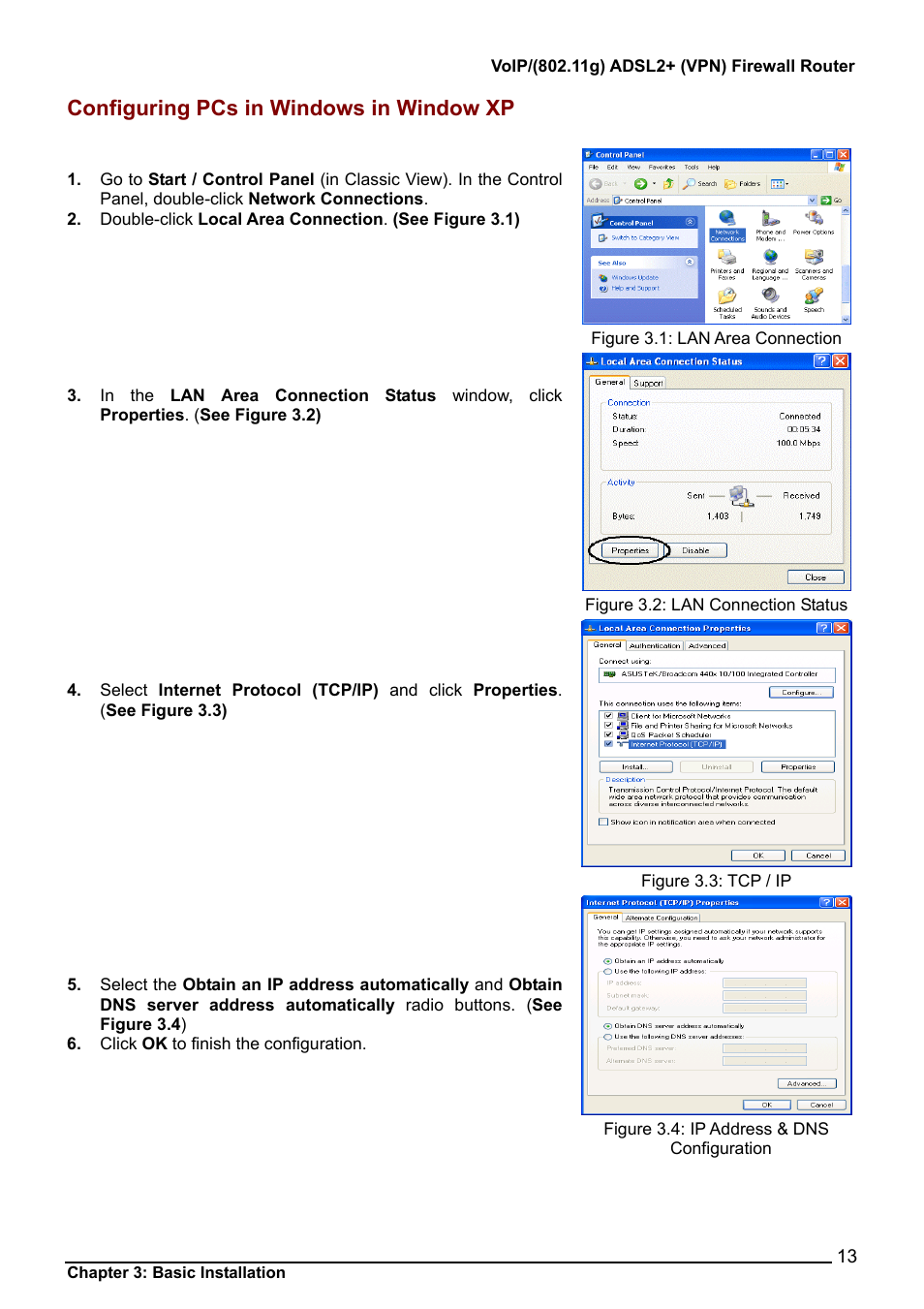 Configuring pcs in windows in window xp | Billion Electric Company BiPAC 7404V Series User Manual | Page 14 / 155