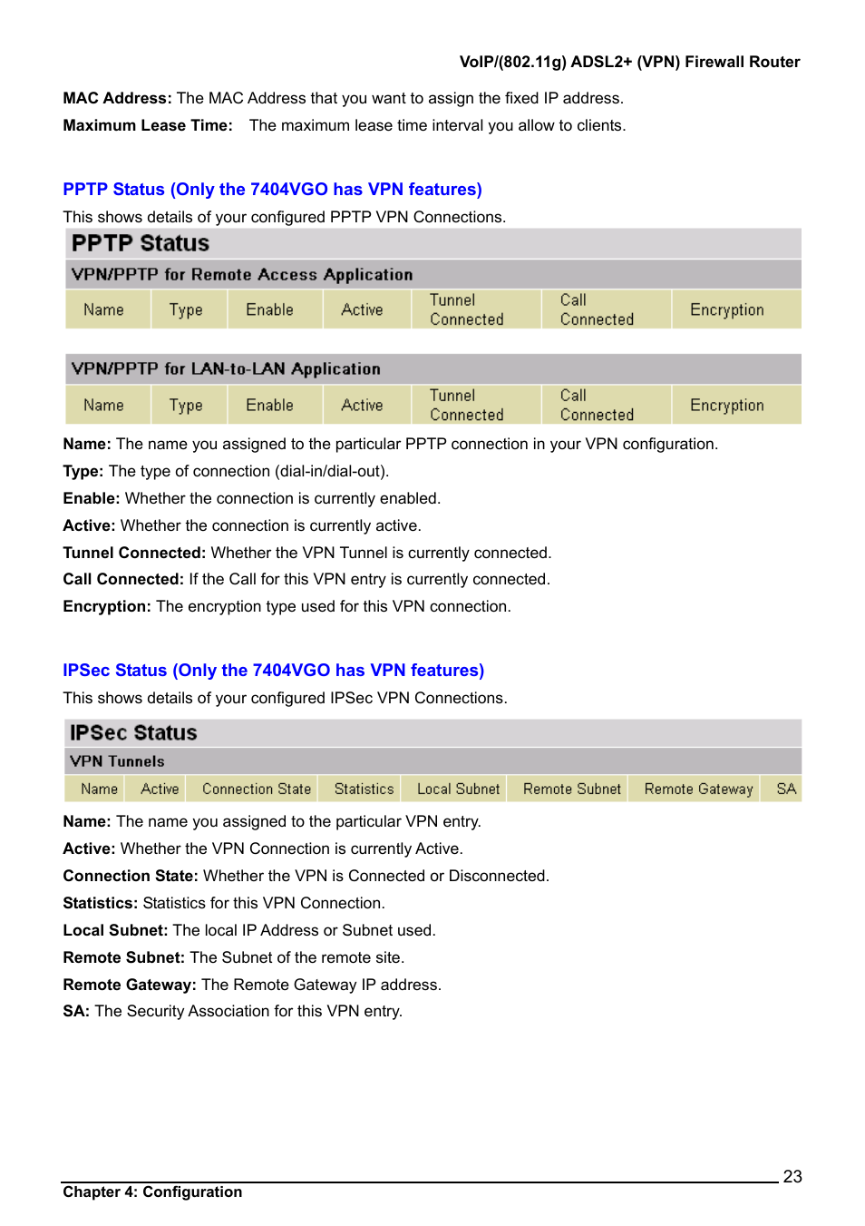 Pptp status (only the 7404vgo has vpn features), Ipsec status (only the 7404vgo has vpn features), Pptp status | Ipsec status | Billion Electric Company BiPAC 7404V Series User Manual | Page 24 / 155