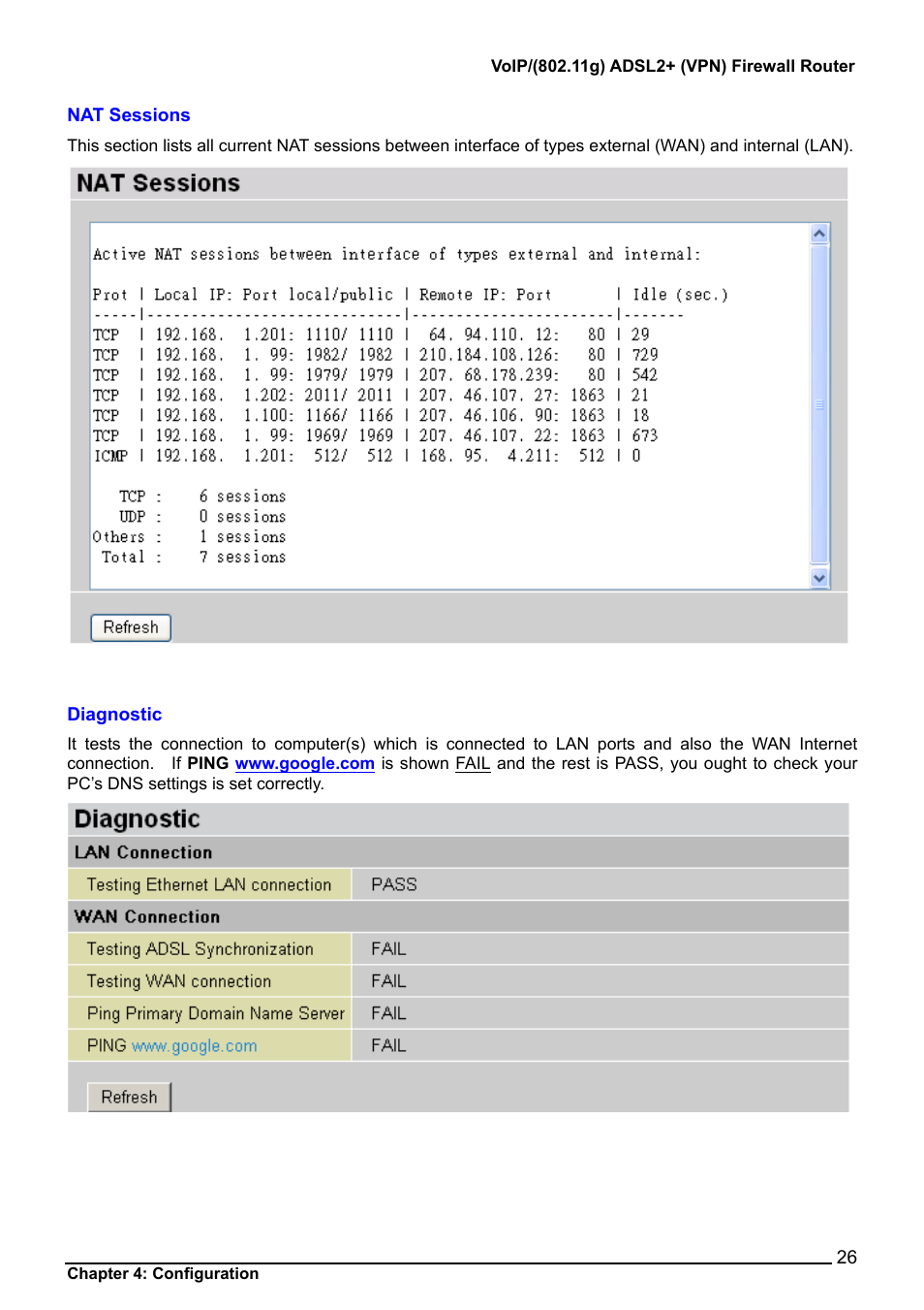 Nat sessions, Diagnostic, 26 diagnostic | Billion Electric Company BiPAC 7404V Series User Manual | Page 27 / 155