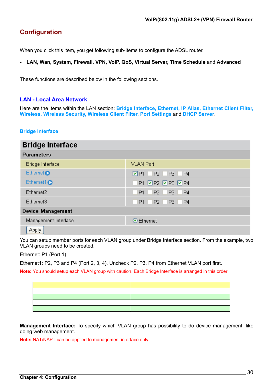 Configuration, Lan - local area network, Bridge interface | Billion Electric Company BiPAC 7404V Series User Manual | Page 31 / 155