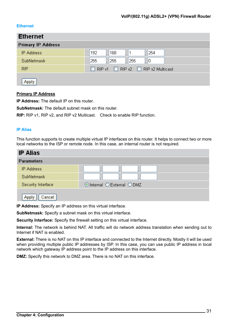 Ethernet, Ip alias, 31 ip alias | Billion Electric Company BiPAC 7404V Series User Manual | Page 32 / 155