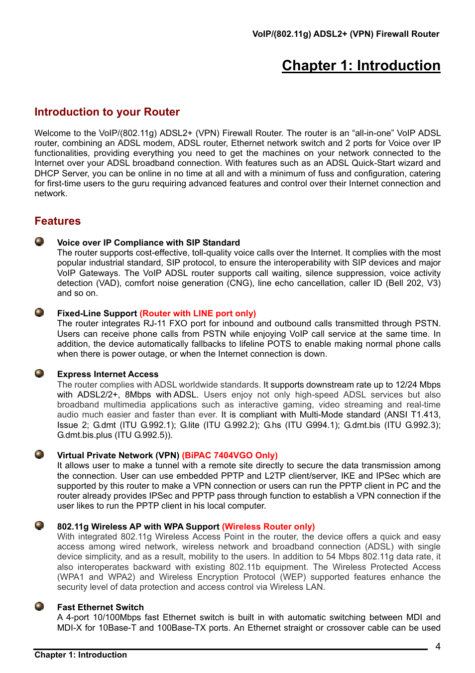 Introduction to your router, Features, Chapter 1: introduction | Introduction to your router features | Billion Electric Company BiPAC 7404V Series User Manual | Page 5 / 155