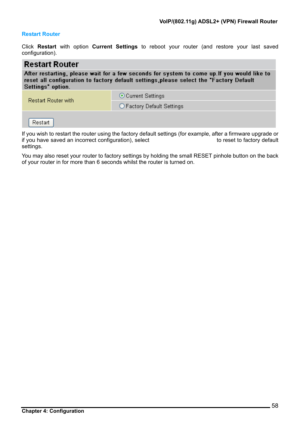 Restart router | Billion Electric Company BiPAC 7404V Series User Manual | Page 59 / 155