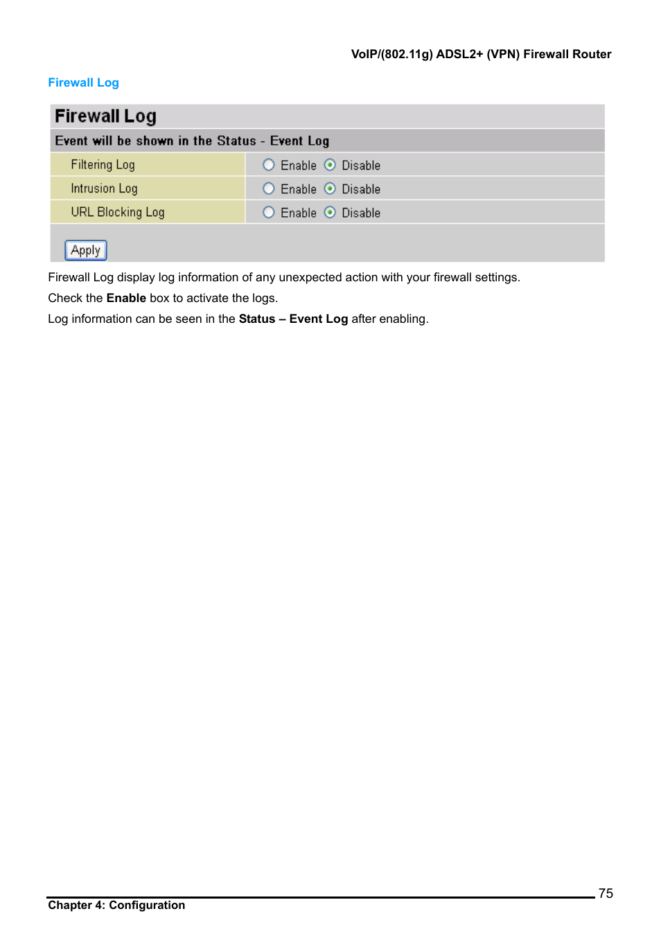 Firewall log | Billion Electric Company BiPAC 7404V Series User Manual | Page 76 / 155