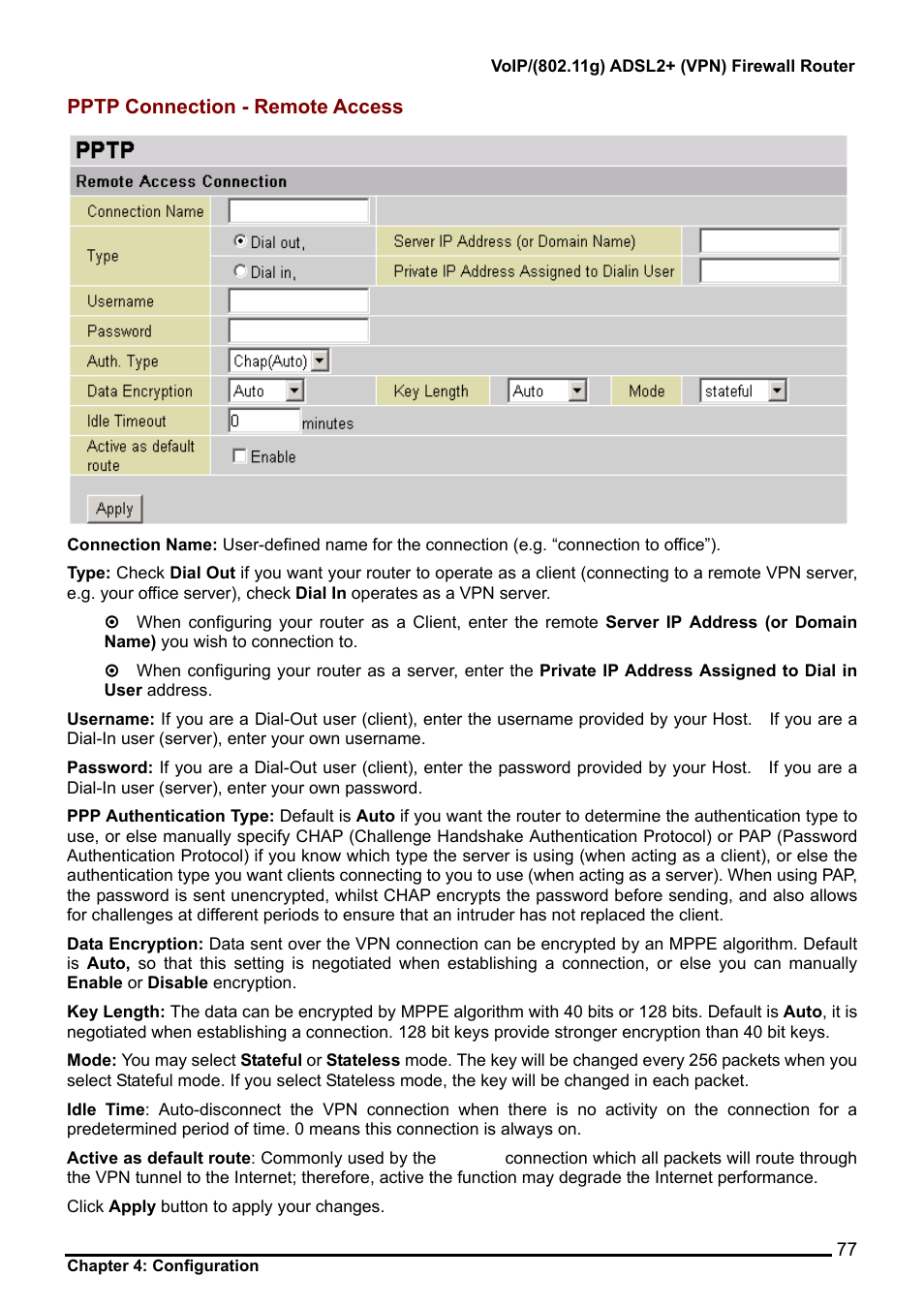 Pptp connection - remote access | Billion Electric Company BiPAC 7404V Series User Manual | Page 78 / 155