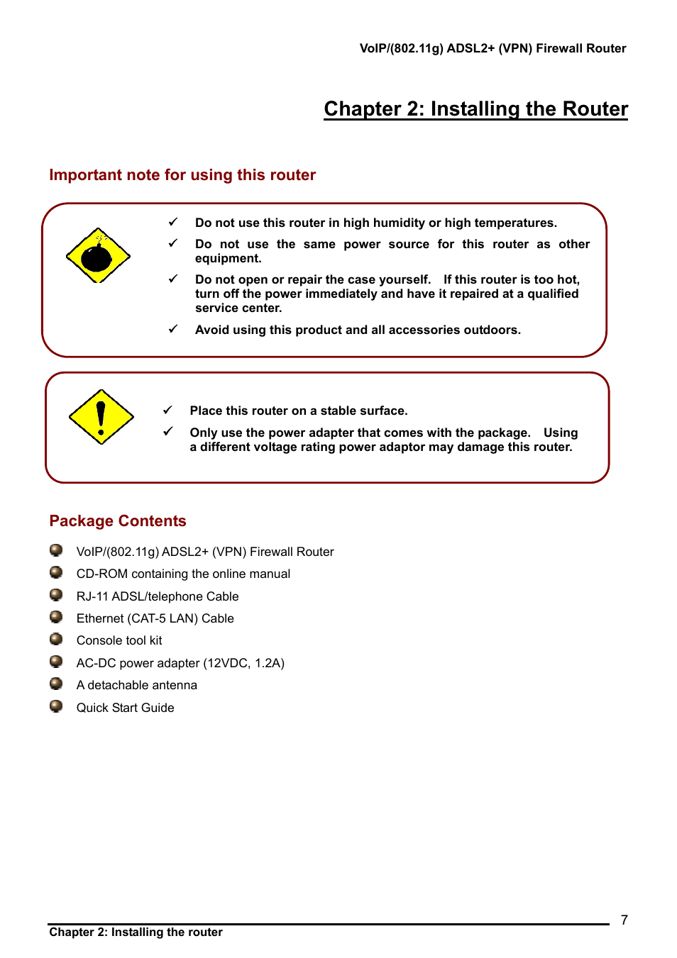 Important note for using this router, Package contents, Chapter 2: installing the router | Billion Electric Company BiPAC 7404V Series User Manual | Page 8 / 155