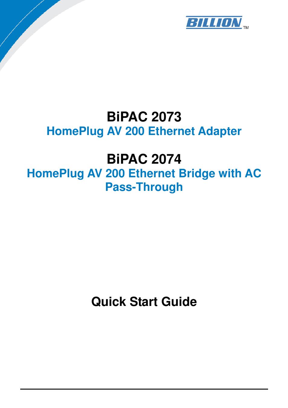 Billion Electric Company Home Plug AV 200 Ethernet Adapter BiPAC 2073 User Manual | 9 pages