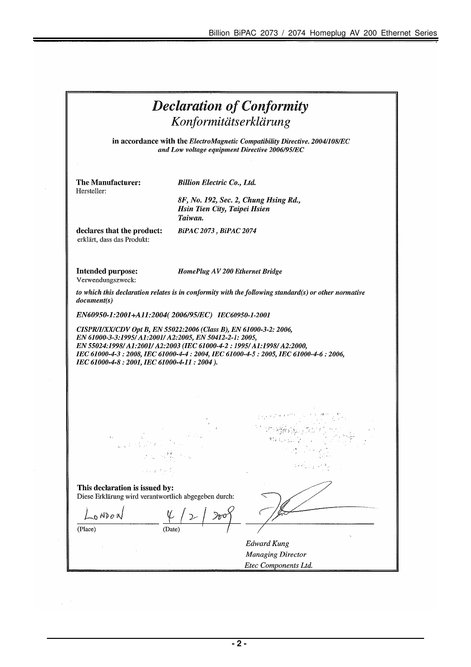 Billion Electric Company Home Plug AV 200 Ethernet Adapter BiPAC 2073 User Manual | Page 2 / 9