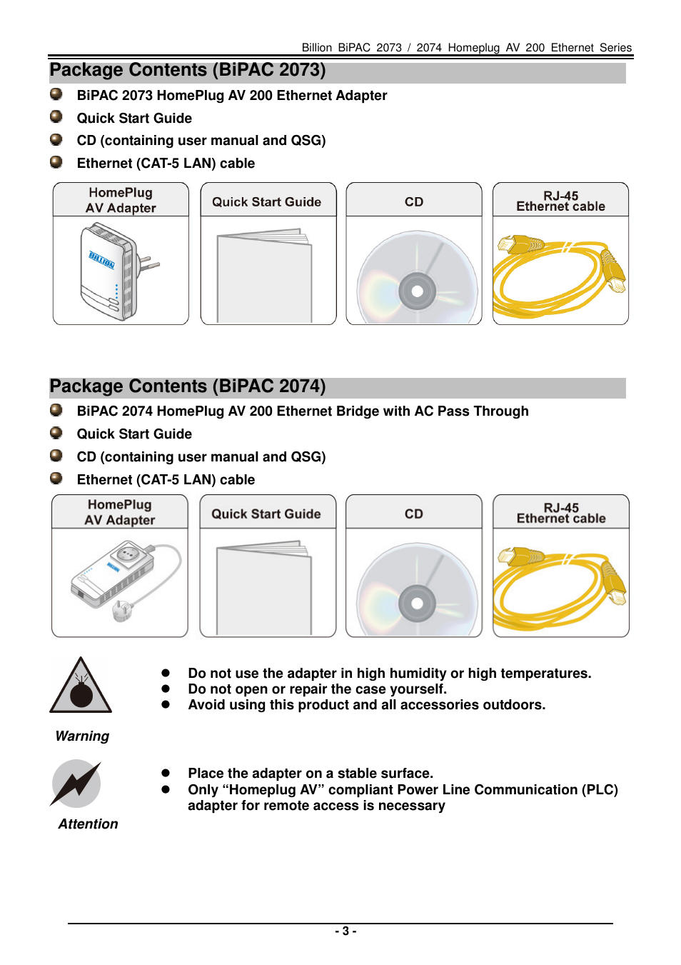 Package contents (bipac 2073), Package contents (bipac 2074) | Billion Electric Company Home Plug AV 200 Ethernet Adapter BiPAC 2073 User Manual | Page 3 / 9