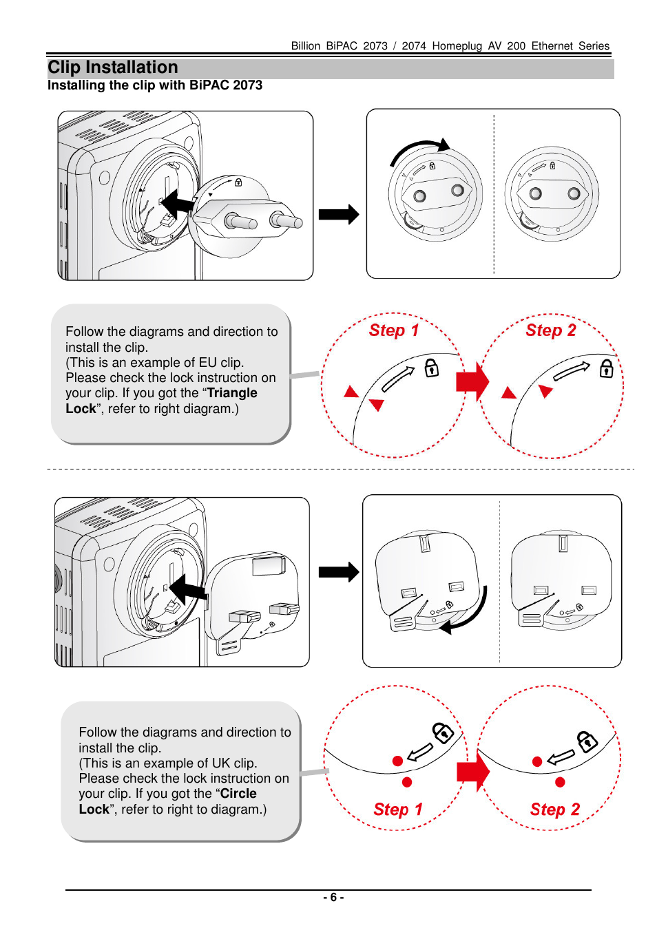 Clip installation | Billion Electric Company Home Plug AV 200 Ethernet Adapter BiPAC 2073 User Manual | Page 6 / 9