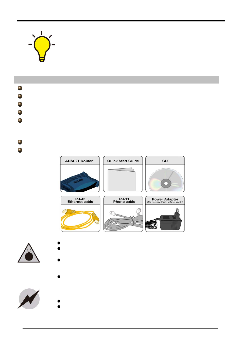 Package contents | Billion Electric Company BiPAC 5200S Series User Manual | Page 2 / 9